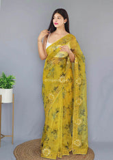 Light Embroidery Worked Yellow Pure Organza Saree
